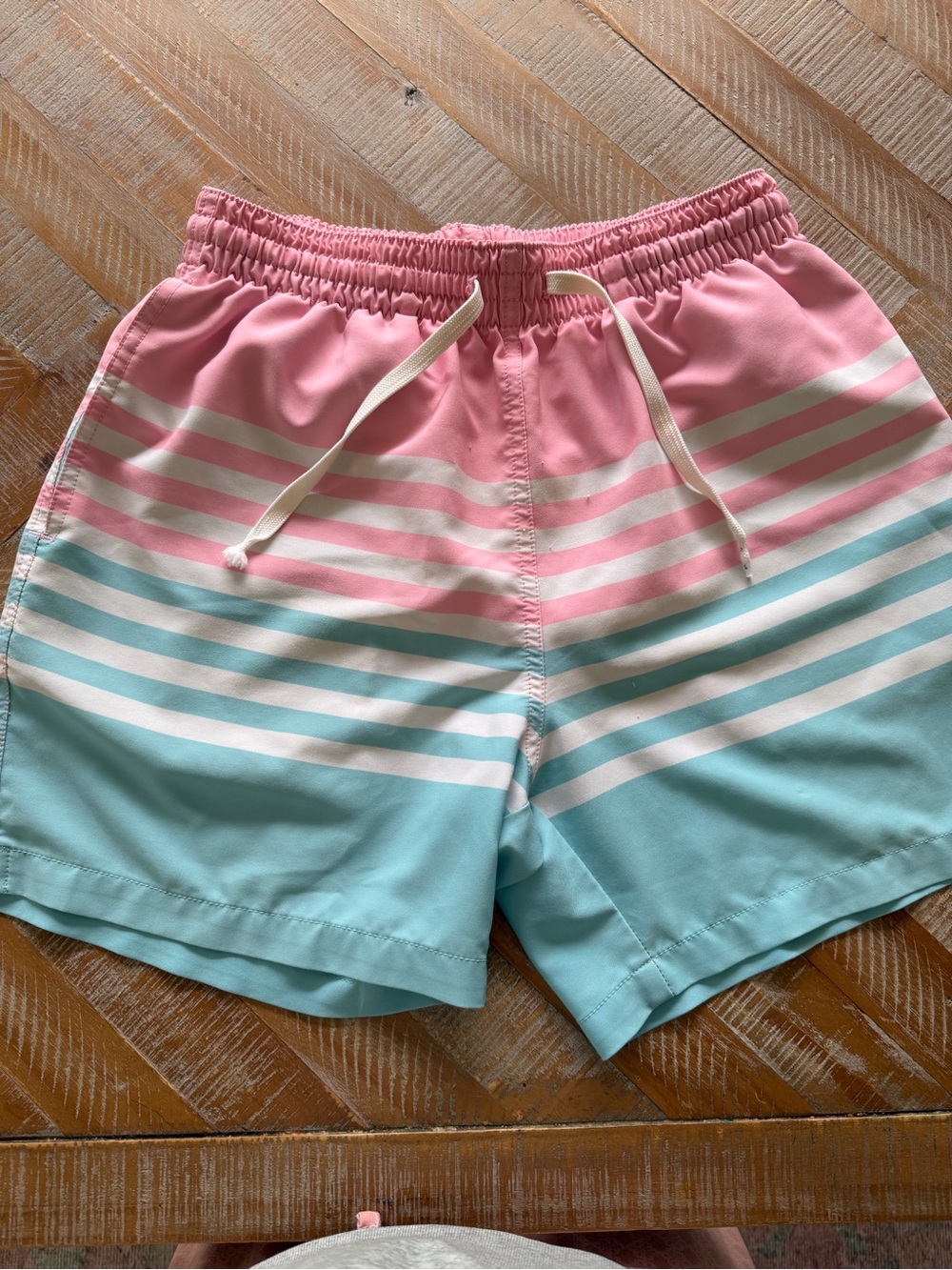 Chubbies Pink and Aqua Striped Swim Shorts, 5.5” inseam